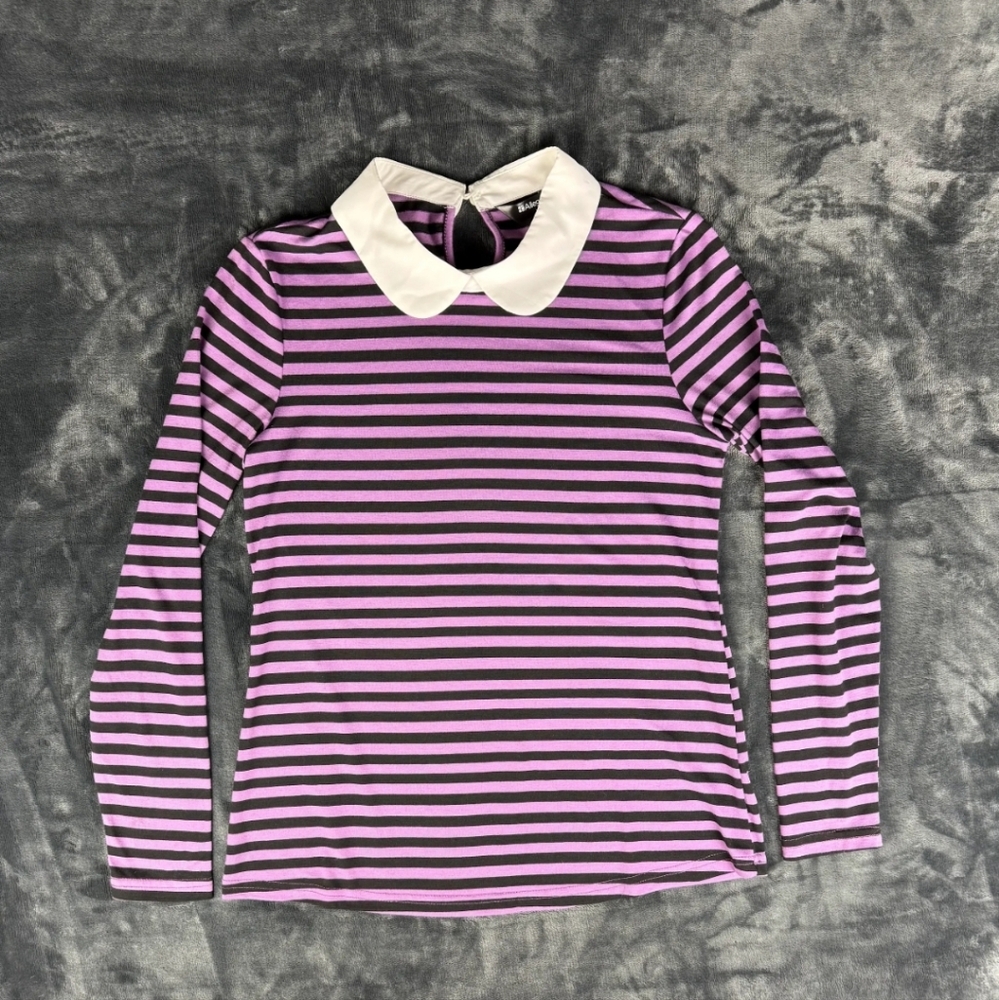 Allegra K Women's Peter Pan Collar Long Sleeve Striped Top